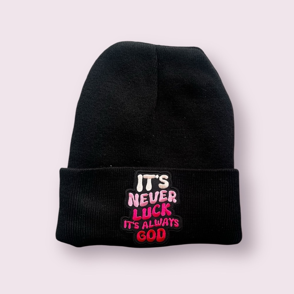 Black and Pink Knit Beanie with satin inside and Embroidered Text